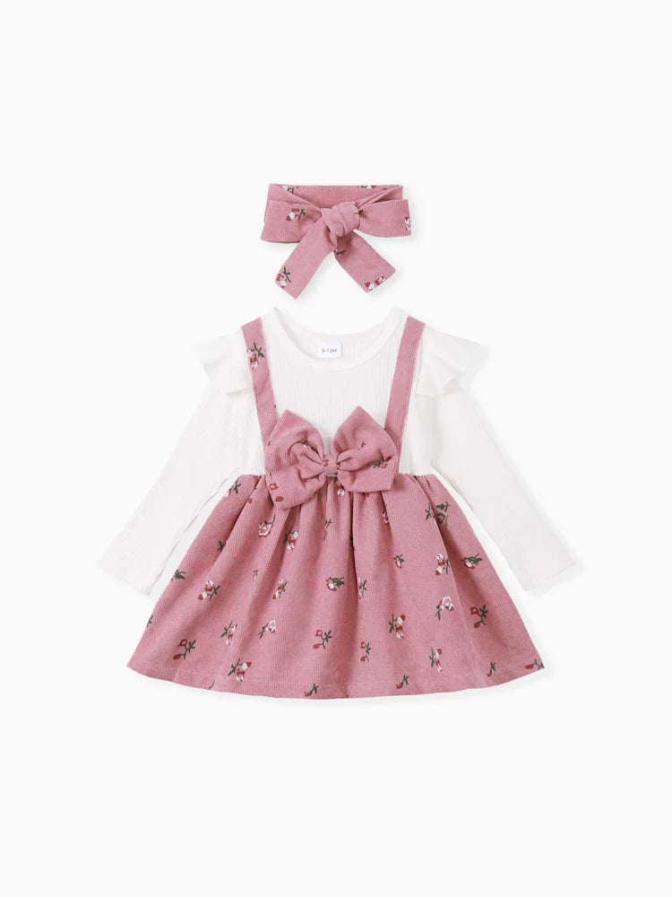 2pcs Baby Girl Floral Print Combo Dress with Headband Set ColorBlock