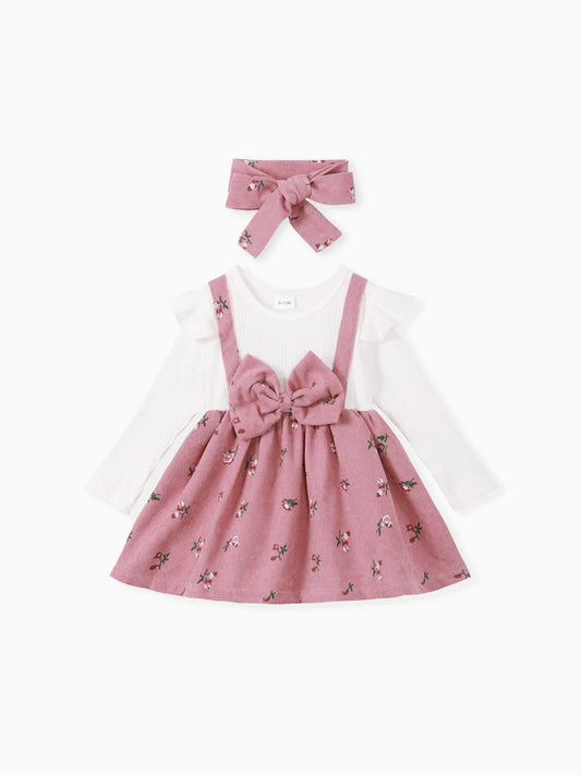 2pcs Baby Girl Floral Print Combo Dress with Headband Set ColorBlock