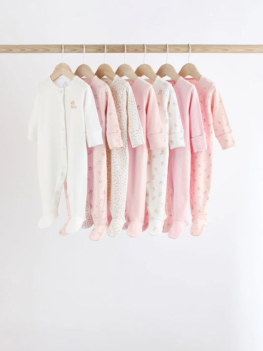 Pink 7 Pack Baby Sleepsuits